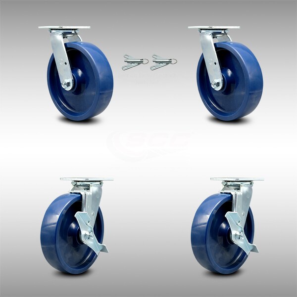 8 Inch SS Solid Poly Caster Set with Ball Bearings 2 Swivel Lock 2 Brake SCC
